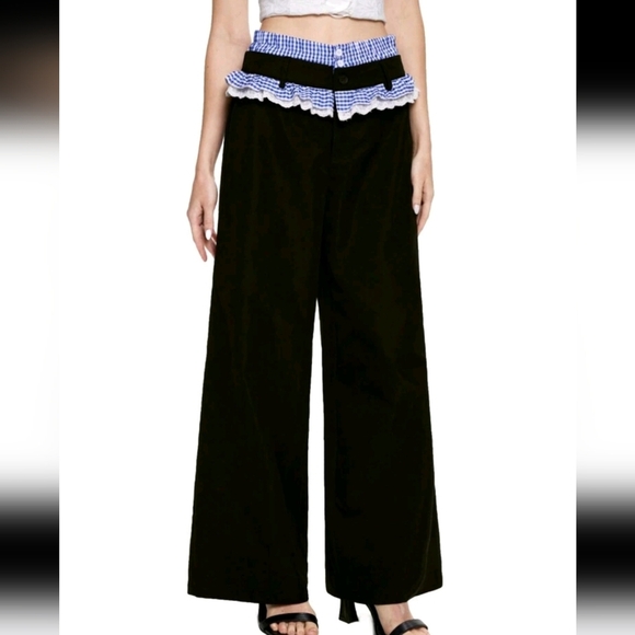 Women Say Contrasting Black Spliced ​​Waist Straight Trousers,Cute Trousers - Picture 4 of 6